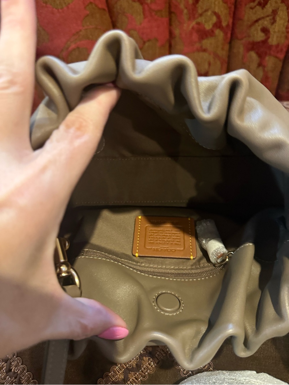 COACH Taupe Gathered Leather Shoulder Bag with Gold Logo - Picture 7 of 10